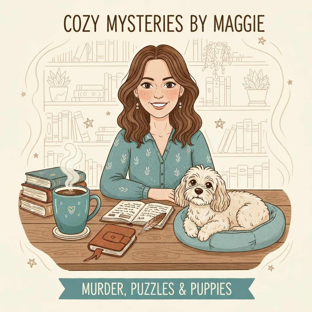 Illustrated portrait of author Maggie Parberger at her writing desk with a steaming coffee mug, notebook, and her cavapoo beside her
